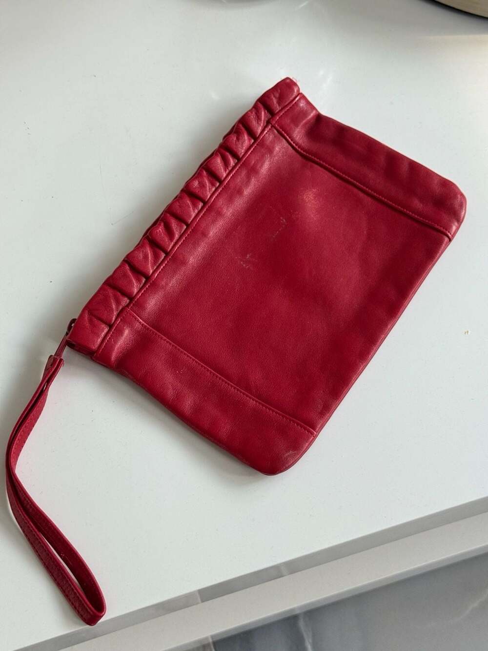 Vintage Genuine Leather Red Ruffled Wristlet Clutch